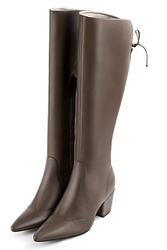 Taupe brown women's knee-high boots, with laces at the back. Tapered toe. Medium cone heels. Made to measure. Front view - Florence KOOIJMAN